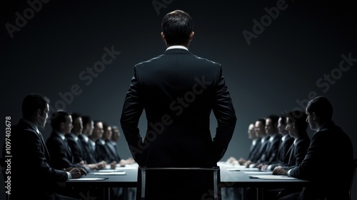 Business meeting dynamics power play among executives corporate boardroom professional image dark environment leadership perspective