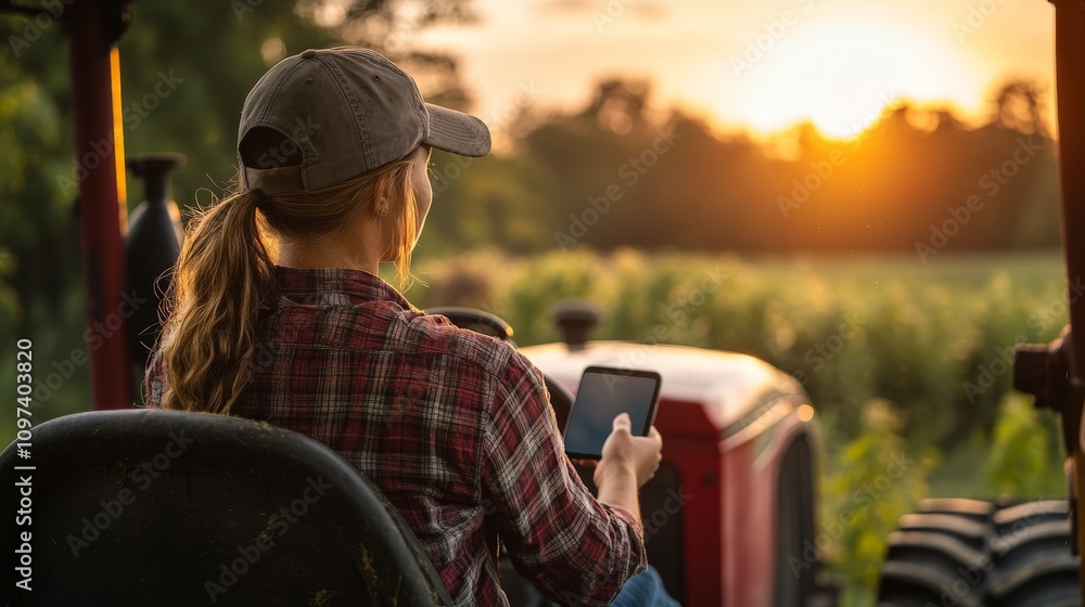 Young farmer in a tractor cabin during sunrise holding a tablet and monitoring agricultural data through digital tools for precision farming Young farmer in a tractor cabin during sunrise holding a tablet and monitoring agricultural data through digital tools for precision farming