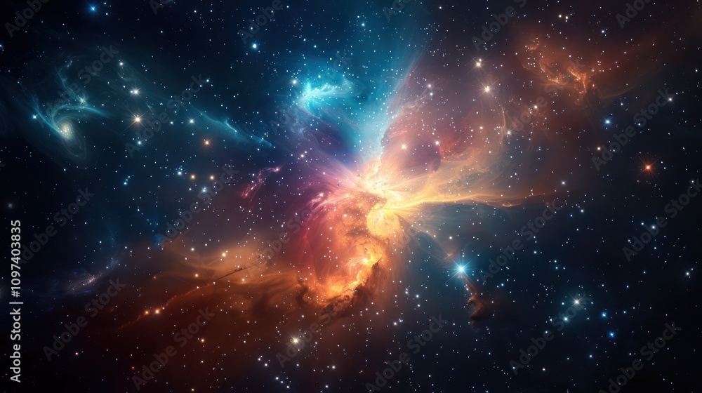 A vibrant cosmic scene showcasing colorful nebulae and stars in deep space. A vibrant cosmic scene showcasing colorful nebulae and stars in deep space.