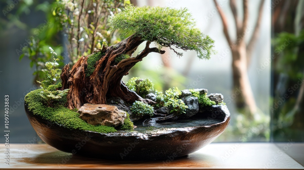 Miniature Bonsai Landscape: A Serene Zen Garden in a Wooden Bowl Miniature Bonsai Landscape: A Serene Zen Garden in a Wooden Bowl