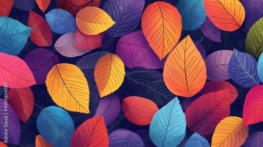 A vibrant seamless pattern featuring colorful, intricately designed leaves, ideal for backgrounds and creative projects A vibrant seamless pattern featuring colorful, intricately designed leaves, ideal for backgrounds and creative projects