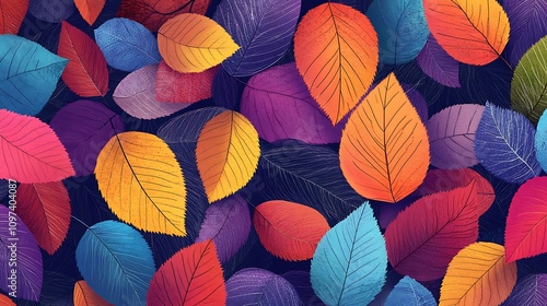 A vibrant seamless pattern featuring colorful, intricately designed leaves, ideal for backgrounds and creative projects