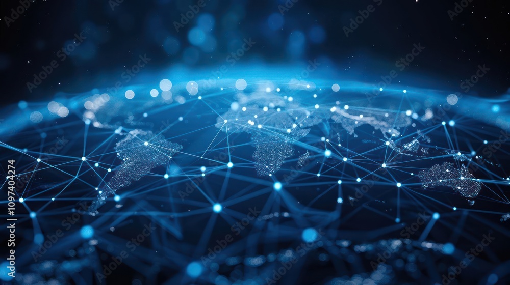 A digital representation of a global network with interconnected nodes and continents. A digital representation of a global network with interconnected nodes and continents.