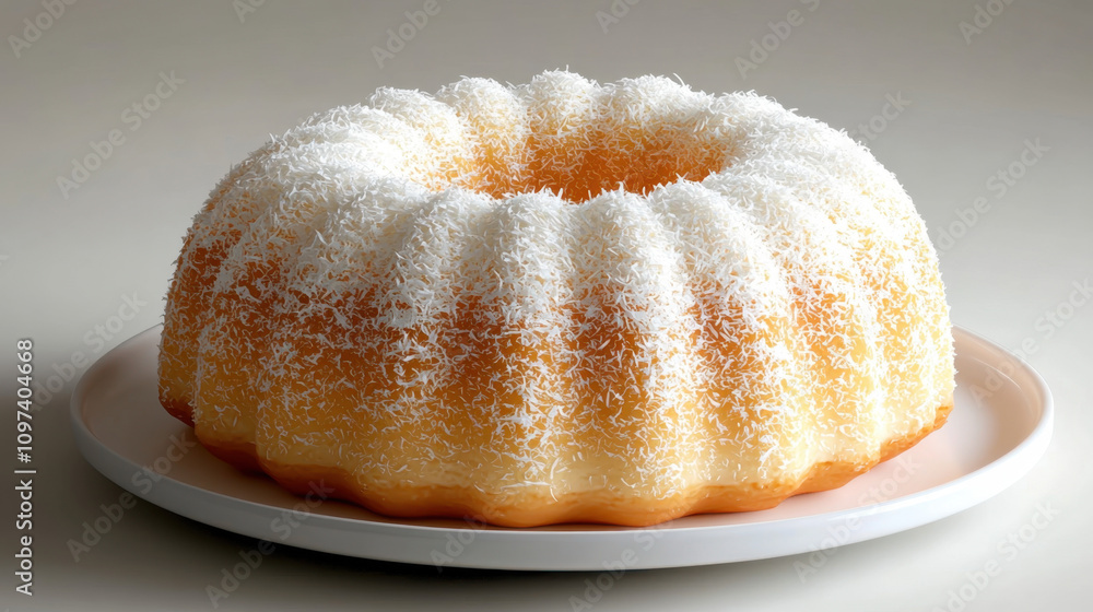 Bundt cake. A fluffy, round cake dusted with powdered sugar, presented on a white plate, showcasing a smooth texture and appealing design. Bundt cake. A fluffy, round cake dusted with powdered sugar, presented on a white plate, showcasing a smooth texture and appealing design.