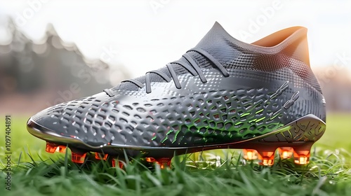 Stylish Soccer Cleat on Bright Green Grass Generative AI photo