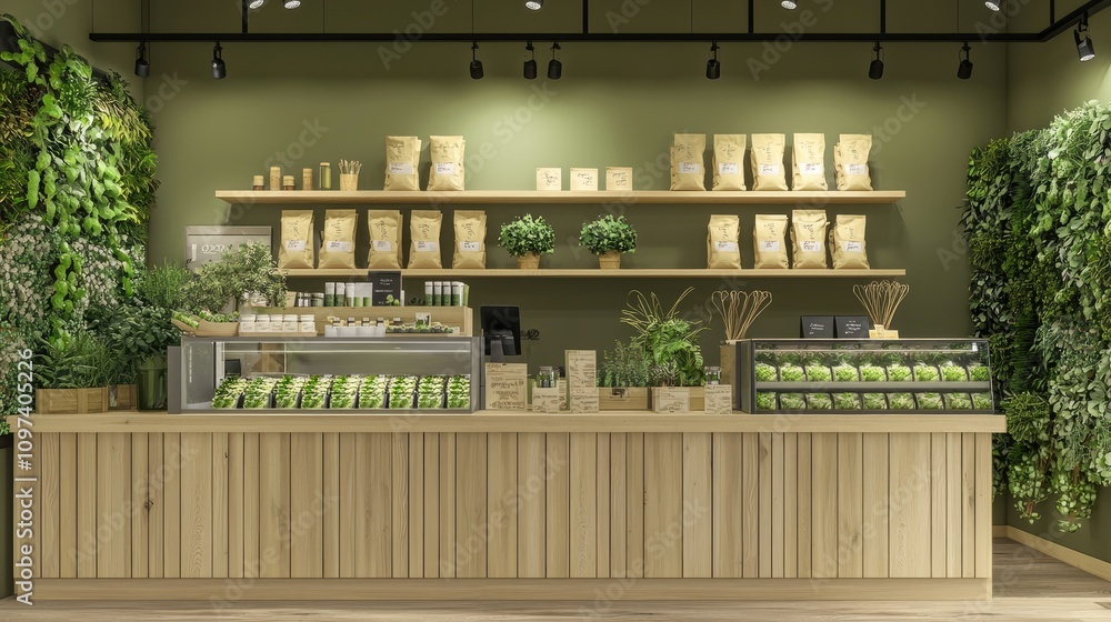 Modern, Eco-Friendly Health Food Store Counter with Greenery