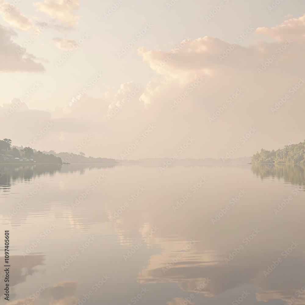 Fototapeta premium Overcast sky with clouds reflecting off the surface of a tranquil lake, lake, scenery, nautical