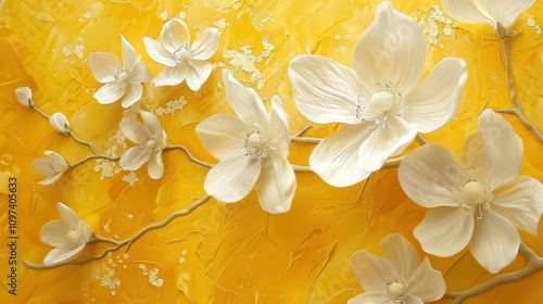 White flowers on yellow textured background. (1)