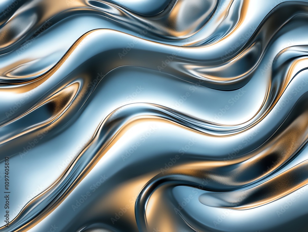 Abstract wavy metallic surface with reflections and gradients in blue and gold tones. Abstract wavy metallic surface with reflections and gradients in blue and gold tones.