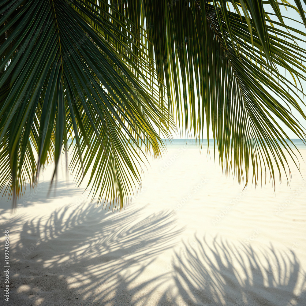 Fototapeta premium Palm fronds swaying gently in the ocean breeze, casting a soothing pattern on the sandy beach , natural elements, gentle texture, ocean breeze