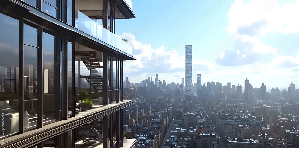 Fototapeta premium Modern high-rise building overlooking a city skyline with a bright sky.