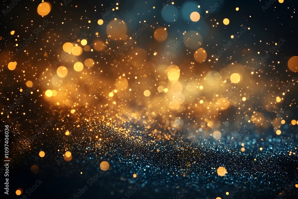 Abstract golden and blue glittering bokeh lights on a dark background, evoking a festive, magical Abstract golden and blue glittering bokeh lights on a dark background, evoking a festive, magical