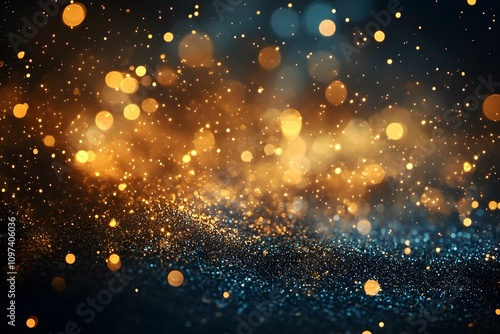 Abstract golden and blue glittering bokeh lights on a dark background, evoking a festive, magical