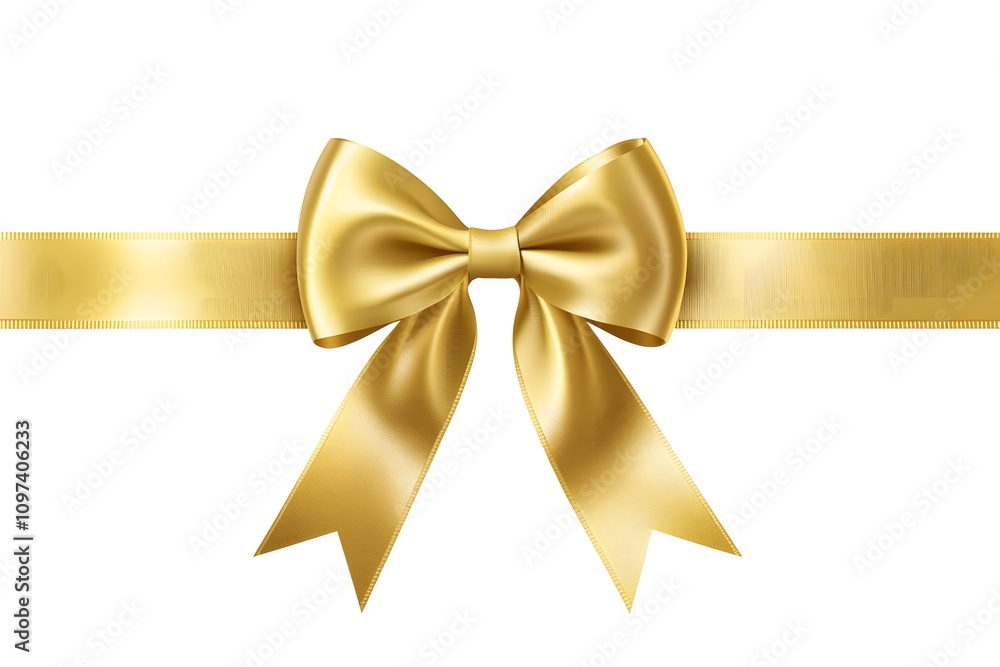 Elegant golden satin ribbon bow on a white background, symbolizing luxury, celebration gift wrapping Elegant golden satin ribbon bow on a white background, symbolizing luxury, celebration gift wrapping