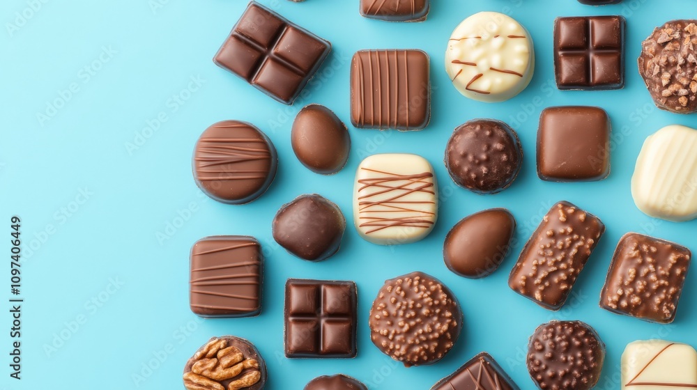 Chocolate Dreams: A symphony of rich, dark, and white chocolate pieces arranged on a vibrant blue background. This image is perfect for showcasing the irresistible allure of gourmet chocolate. Chocolate Dreams: A symphony of rich, dark, and white chocolate pieces arranged on a vibrant blue background. This image is perfect for showcasing the irresistible allure of gourmet chocolate.