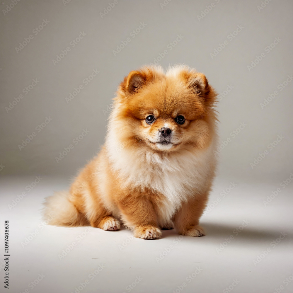 A fluffy and adorable Pomeranian puppy sitting on white background. A fluffy and adorable Pomeranian puppy sitting on white background.