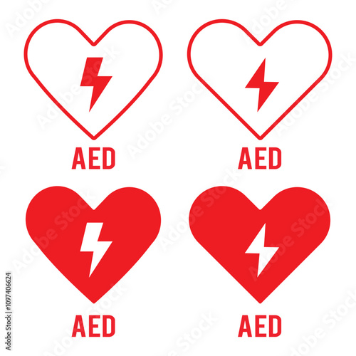 Red and white vector graphic of a CPR/AED indicating a defibrillator device located close by