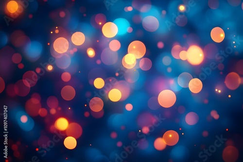 Abstract golden and blue glittering bokeh lights on a dark background, evoking a festive, magical