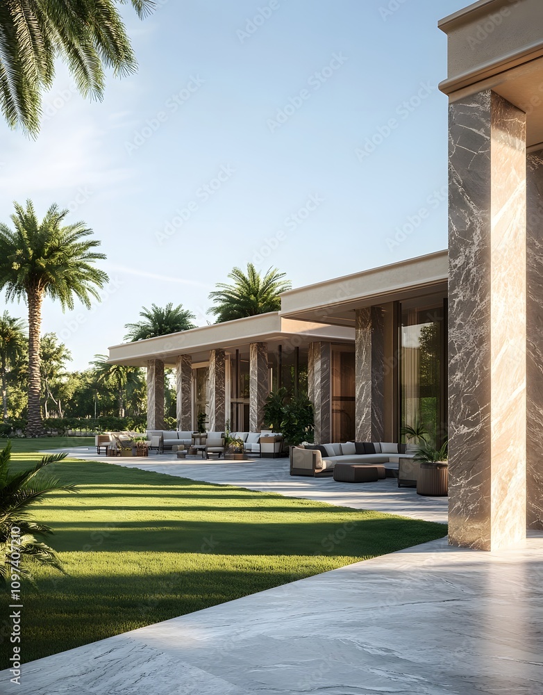 Obraz premium Modern architectural design featuring a spacious patio and lush landscaping.
