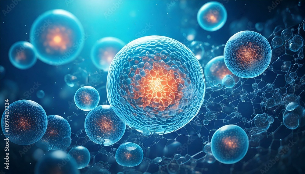 3D Illustration of Microscopic View of Stem Cells. Medical Illustration. 3D Illustration of Microscopic View of Stem Cells. Medical Illustration.