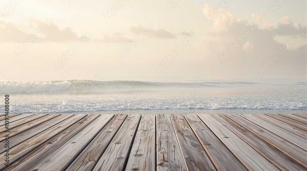 Fototapeta premium Soft serene ocean waves gently lapping against a weathered wooden dock on a tranquil morning, calm sea, serenity, watercolor background, nature landscape, weathered wood