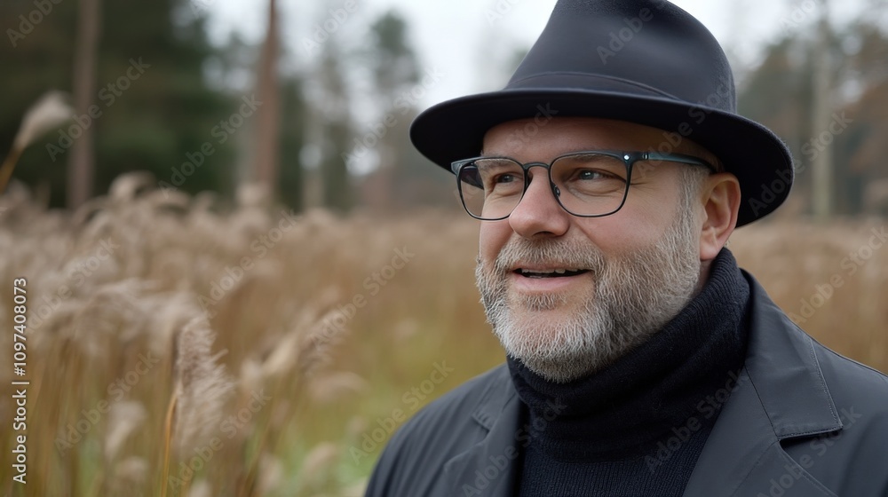 Mature man in a black hat and glasses standing in a wheat field surrounded by golden crops and gazing thoughtfully reflecting wisdom and connection to traditional farming roots Mature man in a black hat and glasses standing in a wheat field surrounded by golden crops and gazing thoughtfully reflecting wisdom and connection to traditional farming roots