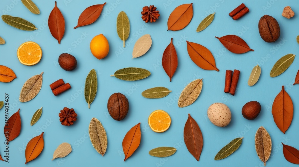 Autumnal Flatlay: A vibrant collection of autumn leaves, citrus slices, cinnamon sticks, and pinecones arranged on a light blue background, creating a cheerful and festive autumnal scene. Autumnal Flatlay: A vibrant collection of autumn leaves, citrus slices, cinnamon sticks, and pinecones arranged on a light blue background, creating a cheerful and festive autumnal scene.