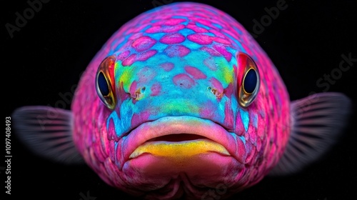 Vibrant Rainbow Wrasse: Close-up portrait of a psychedelic fish, showcasing its iridescent scales and intense colors against a black background. A captivating underwater spectacle.  photo