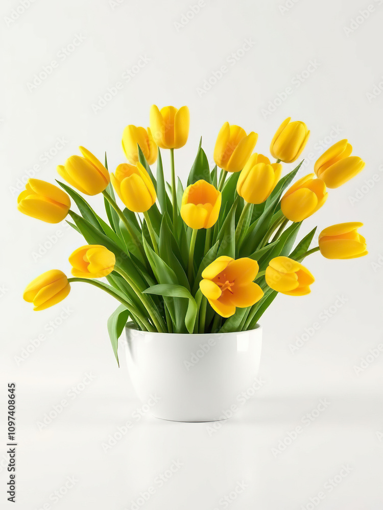 Sunny yellow tulips arranged artistically on a white base, hobby, pastime, display, design Sunny yellow tulips arranged artistically on a white base, hobby, pastime, display, design