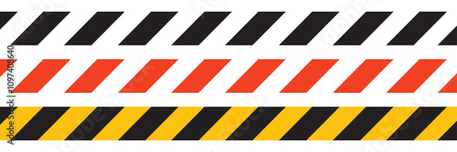 Warning tape with yellow and black diagonal stripes. Warn stop seamless line. Vector illustration on white background. Blank vector illustration warning background. Long danger ribbon