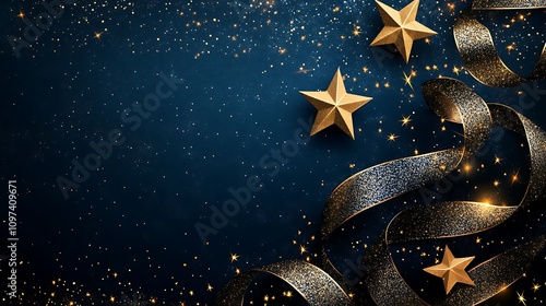 A luxurious holiday-themed design showcasing golden stars and flowing gilded ribbons against a rich navy blue background, ideal for celebrations photo