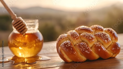 Challah bread and honey on a wooden table at sunset. photo