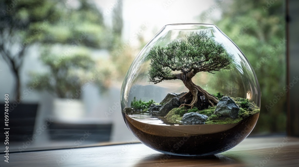Miniature Bonsai Tree in Glass Terrarium: A Serene Indoor Garden Miniature Bonsai Tree in Glass Terrarium: A Serene Indoor Garden