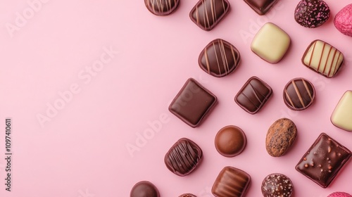 Sweet Surrender: An assortment of delectable chocolates arranged on a soft pink background, creating a visually appealing and tempting display. Perfect for Valentine's Day, birthdays.