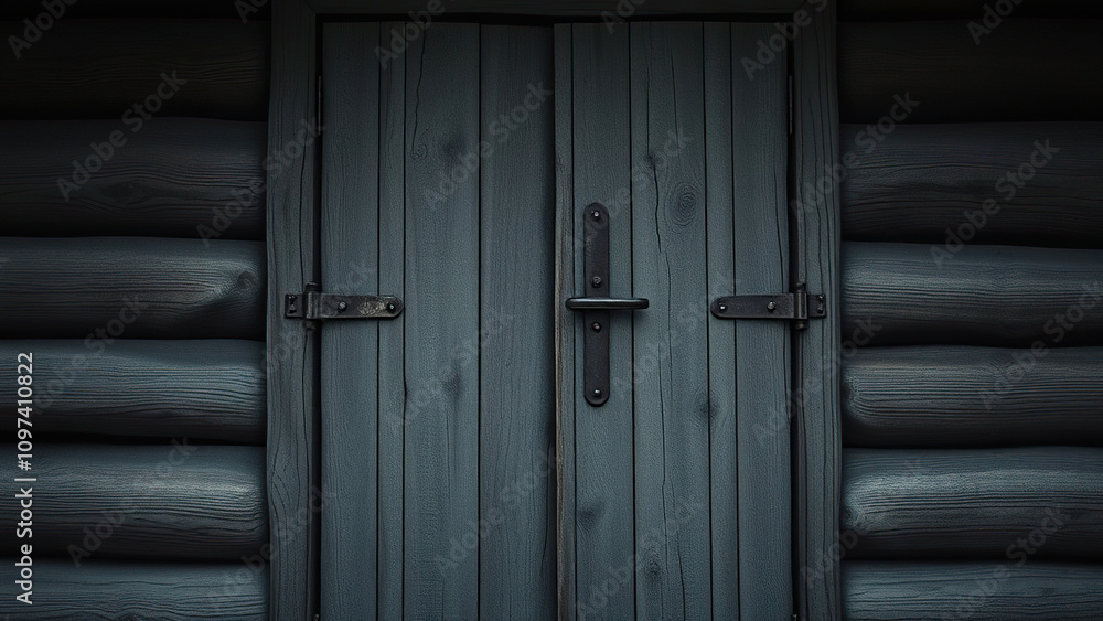 Weathered wooden door on a cabin with a metal handle and hinges, landscape, cabin, door, outdoors Weathered wooden door on a cabin with a metal handle and hinges, landscape, cabin, door, outdoors