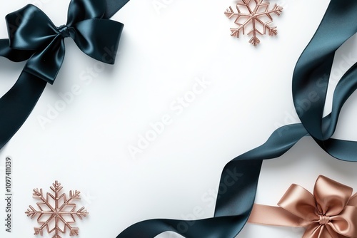 Decoração de Natal elegante com laços de cetim em tons escuros e flocos de neve metálicos sobre fundo branco, criada com IA generativa.