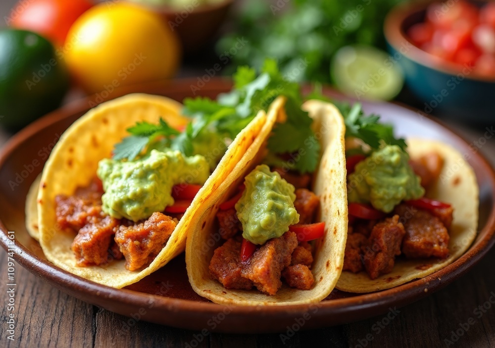 Delicious tacos filled with meat, guacamole, and fresh toppings on a wooden table Delicious tacos filled with meat, guacamole, and fresh toppings on a wooden table
