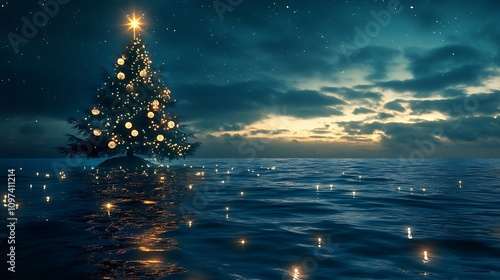 A surreal ocean scene featuring a Christmas theme, with a decorated tree and twinkling lights reflecting off the water photo