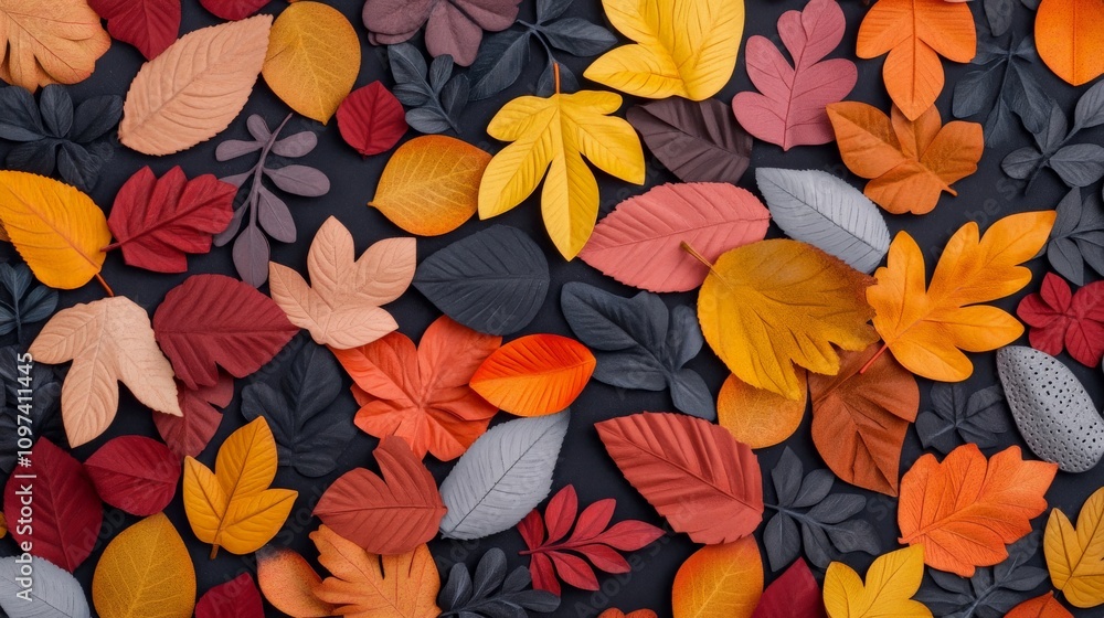 Autumnal Leaf Collage: A captivating arrangement of colorful autumn leaves in rich, warm tones, creating a visually stunning and seasonal design. Autumnal Leaf Collage: A captivating arrangement of colorful autumn leaves in rich, warm tones, creating a visually stunning and seasonal design.