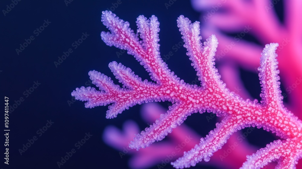Pink Coral Close-Up: Intricate details of a vibrant pink coral branch, highlighted against a dark blue background, showcasing its delicate texture and unique form. A mesmerizing underwater scene. Pink Coral Close-Up: Intricate details of a vibrant pink coral branch, highlighted against a dark blue background, showcasing its delicate texture and unique form. A mesmerizing underwater scene.