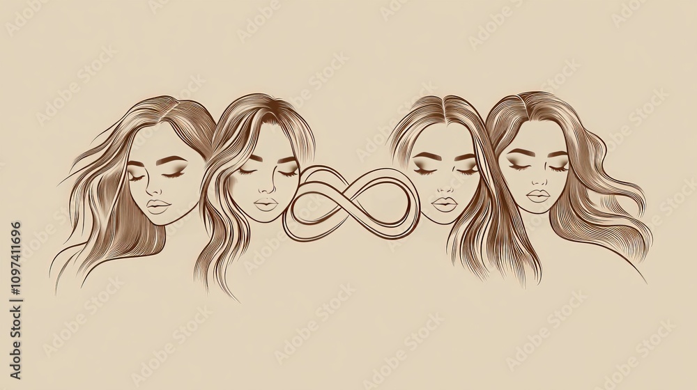 Minimalist line art of three women with infinity symbols connecting their heads representing unity shared ideas and limitless potential in a modern conceptual design Minimalist line art of three women with infinity symbols connecting their heads representing unity shared ideas and limitless potential in a modern conceptual design