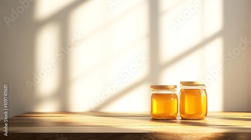 Two Jars Of Honey On Wooden Table In Sunlight
