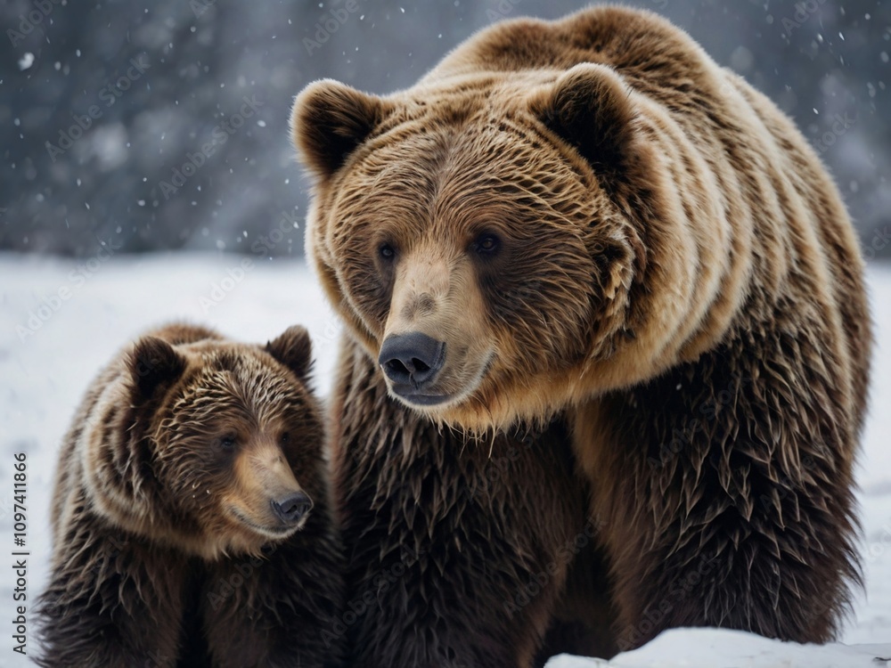 Obraz premium Family Eurasian brown bear (Ursus arctos arctos) in the forest, bear in the snow, winter.