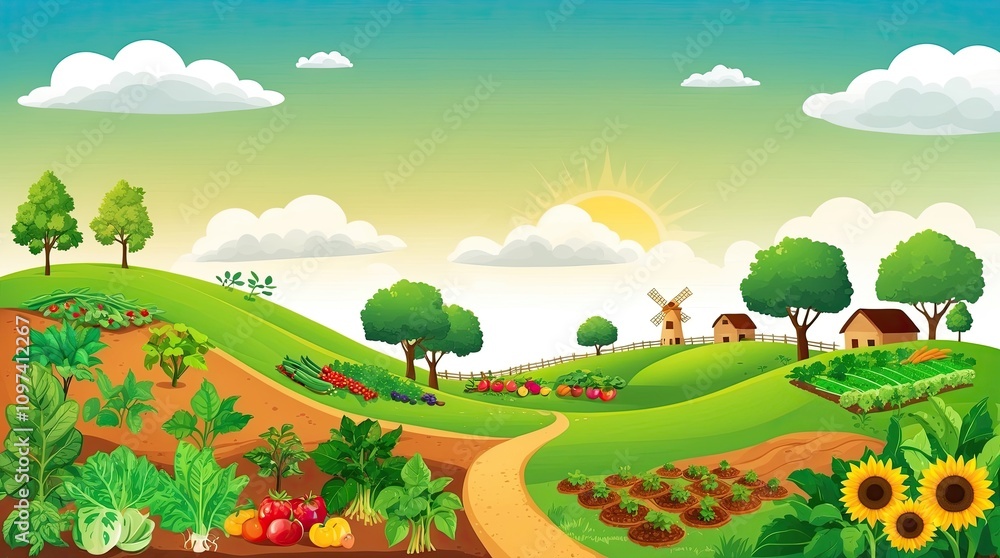 Rural landscape with farms hills windmill and any kind of vegetables Rural landscape with farms hills windmill and any kind of vegetables