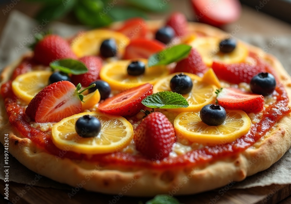 Delicious fruit and citrus topped pizza on a wooden surface with vibrant colors Delicious fruit and citrus topped pizza on a wooden surface with vibrant colors