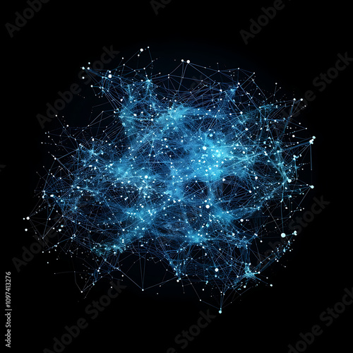 Abstract Digital Network of Points and Lines with Glowing Blue Color on Black Background Representing Modern Technology and Connectivity