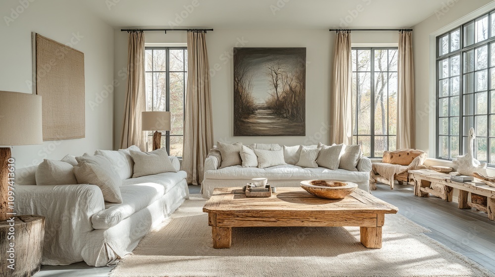 Serene Living Room With Neutral Tones And Natural Wood Serene Living Room With Neutral Tones And Natural Wood