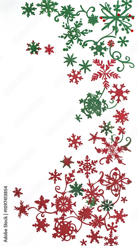 Fototapeta premium Decorative Winter Wonderland Border with Red and Green Snowflakes, Whimsical Floral Elements, and Festive Patterns Perfect for Holiday-Themed Designs and Greeting Cards