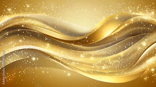 An elegant golden backdrop with shimmering glittering particles, perfect for high-end holiday cards or promotional material