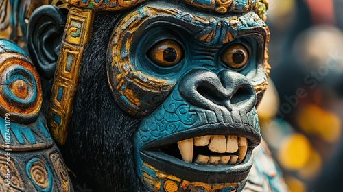 Close-up of a detailed gorilla statue with intricate gold and blue designs. photo